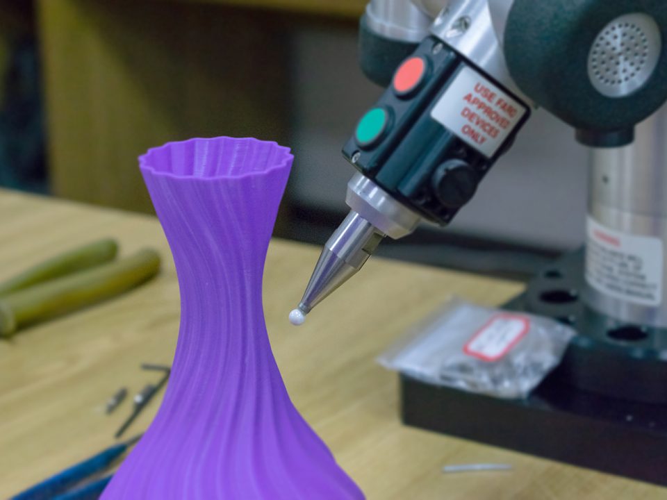 3D Measurements device measures 3D printed plastic part. 3D scan